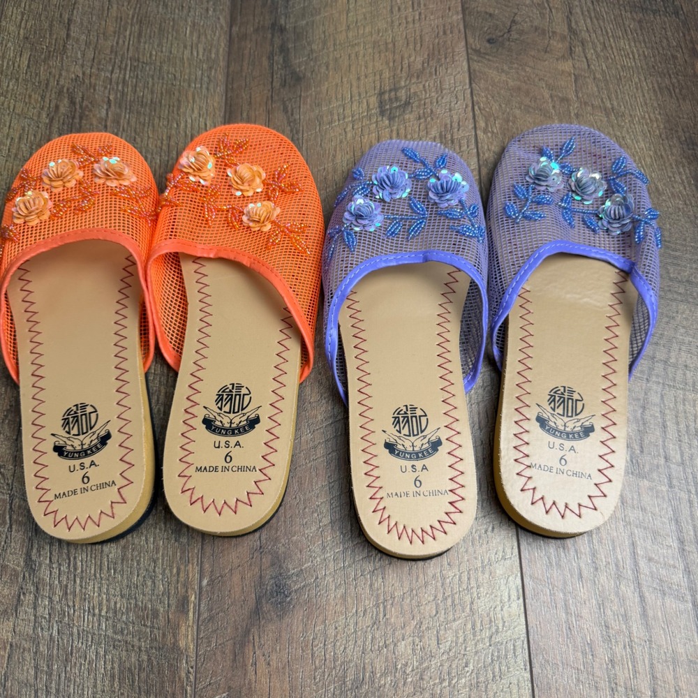 Yung Kee Mesh Floral Sequin Slide Sandals Womens 6 Orange Purple Bundle 2 Pairs